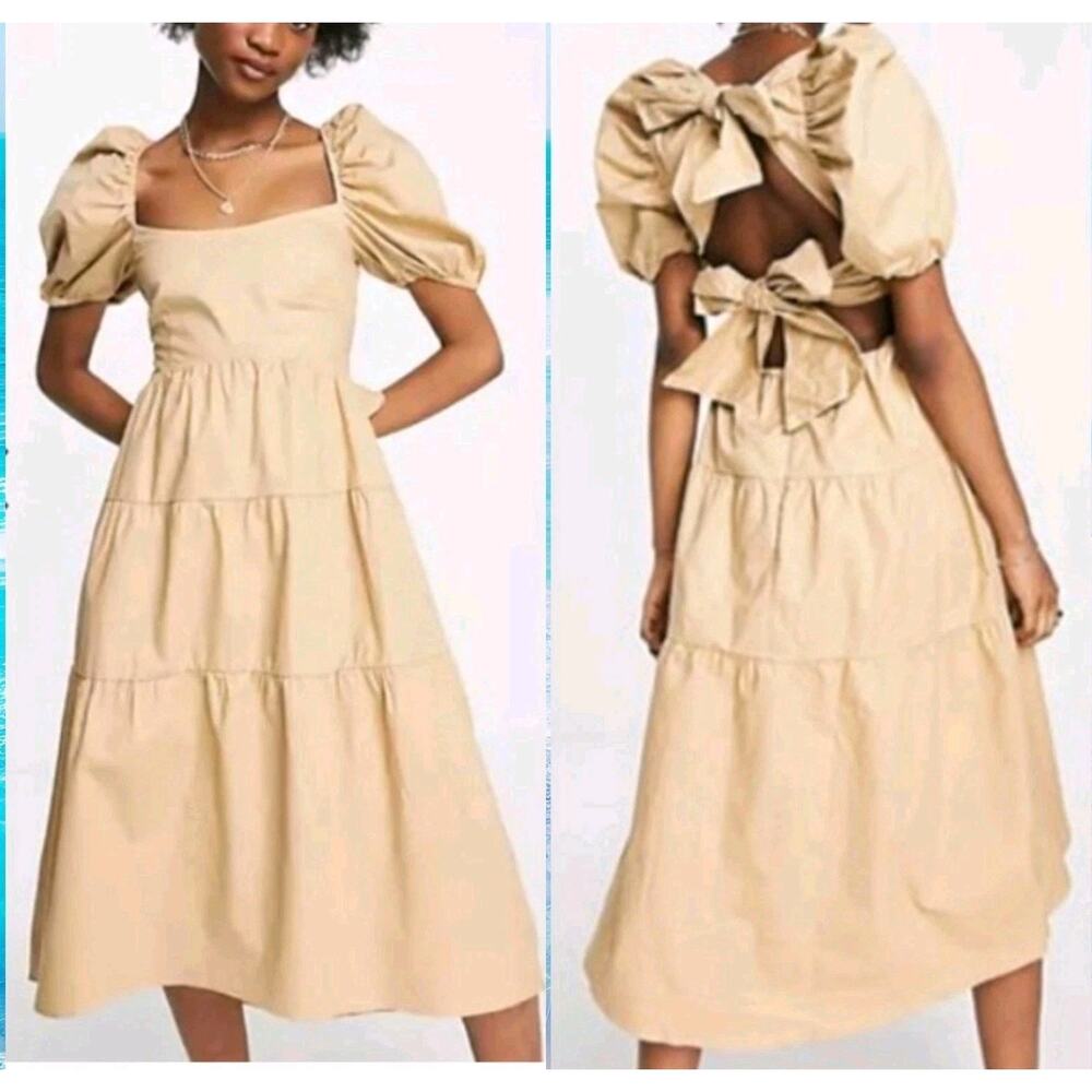 Bardot NWT Womens Square Neck Puff Sleeve Med/8 Tiered Mini Dress Soft Camel